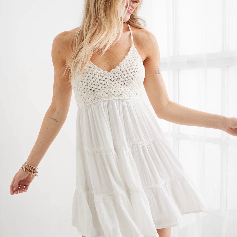 aerie White Dress with Crochet Top
